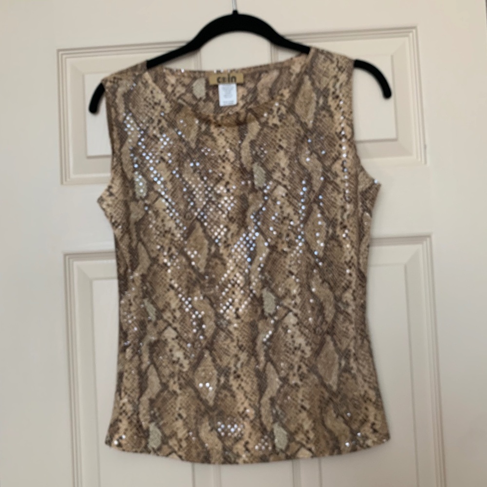 Coin Brown/Tan Snakeprint Sequin Sleeveless Top sz S